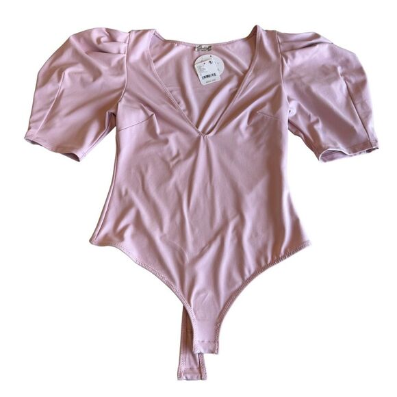 Free People Va Va Voop Duo Bodysuit Size S Soft Rose Puff Sleeve V-Neck Top - Picture 4 of 9